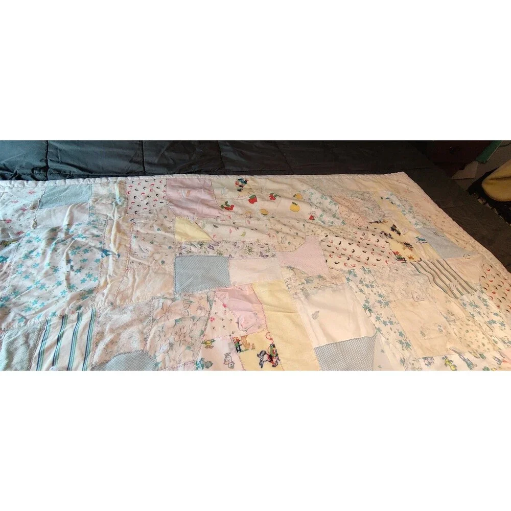 Vintage 1970s Handmade Tied Patchwork Baby Quilt Crib Blanket Nursery 55